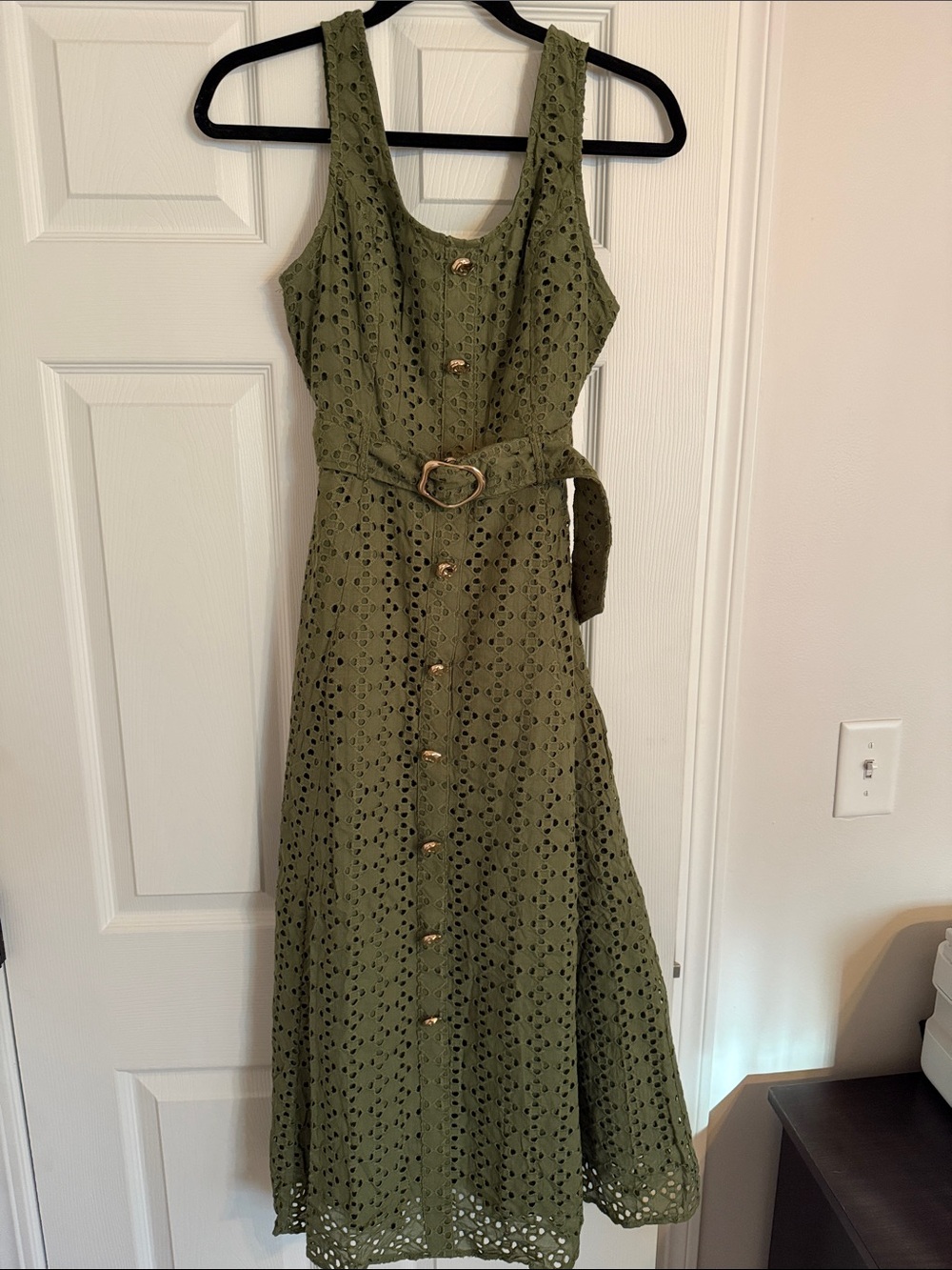 entro Olive Green Eyelet Button-Front Midi Dress with Belt